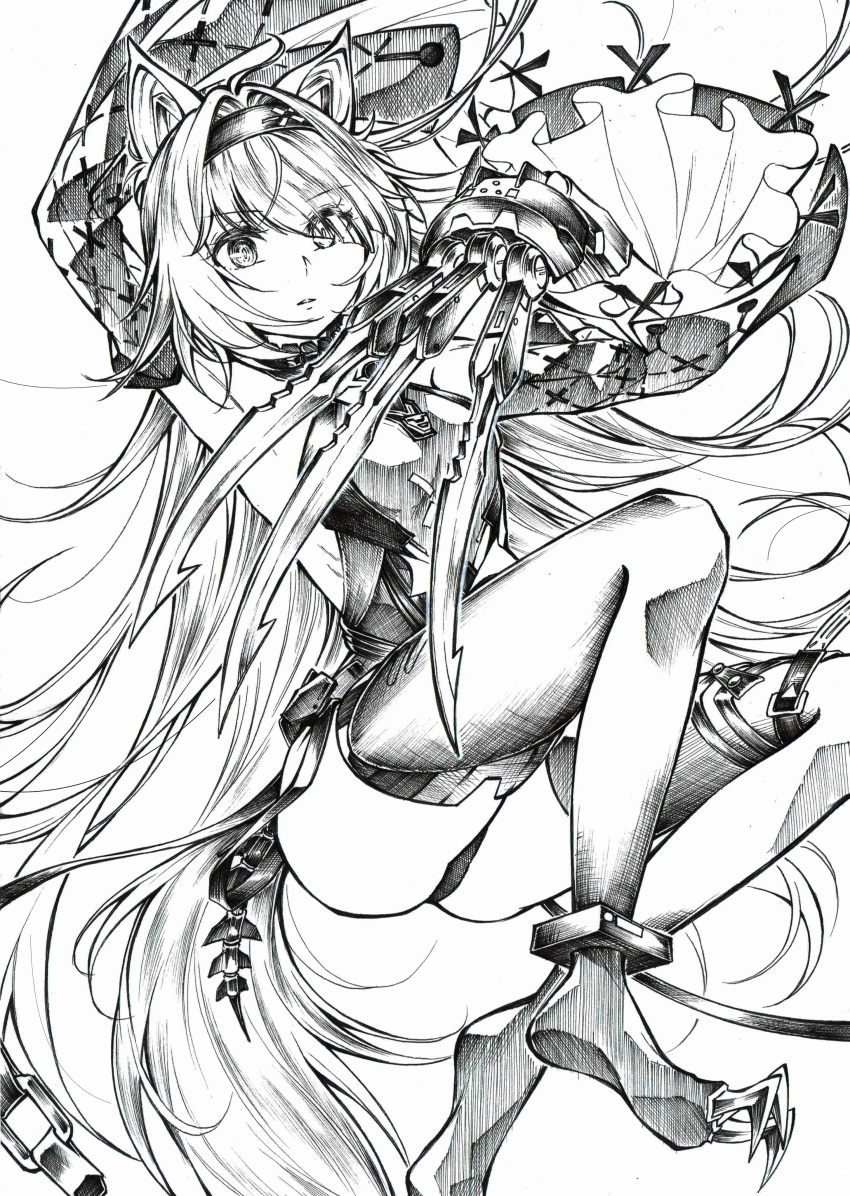 1girl absurdres ahoge animal_ears claw_(weapon) claws detached_sleeves folmauth hair_intakes hairband highres mechanical_spine monochrome no.21:_feral_scent_(punishing:_gray_raven) no.21_(punishing:_gray_raven) punishing:_gray_raven shirt sidelocks sleeveless sleeveless_shirt sleeves_past_fingers sleeves_past_wrists solo tail thighhighs weapon wolf_ears wolf_tail