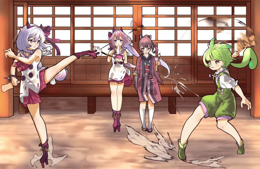 2girls 2others absurdres alternate_hairstyle bead_bracelet beads blush boots bracelet braid braided_ponytail brown_hair chopsticks day dirt dress dust_cloud eating facepaint floating_hair food food_in_mouth frown geta green_footwear green_hair green_shorts grin gynoid_talk hair_ribbon hane_(hanetsuki) hanetsuki hanten_(clothes) headgear highres holding holding_calligraphy_brush holding_chopsticks holding_paddle horns inkwell japanese_clothes jewelry kicking kimono long_hair low_ponytail meika_hime meika_mikoto mochi mochi_trail motion_lines multiple_girls multiple_others obi obijime outdoors paddle parted_lips pink_hair playing_games ponytail puffy_shorts purple_hair purple_ribbon purple_shorts referee reverse_grip ribbon sailor_collar sailor_dress sash serious shirt short_dress short_kimono short_sleeves shorts shouji sleeveless sleeveless_dress sliding_doors smear_frame smile standing suspender_shorts suspenders touhoku_kiritan v-shaped_eyebrows veranda vocaloid voiceroid voicevox white_dress white_kimono white_sailor_collar white_shirt yellow_eyes yuui_(sugi40773767) zouri zundamon