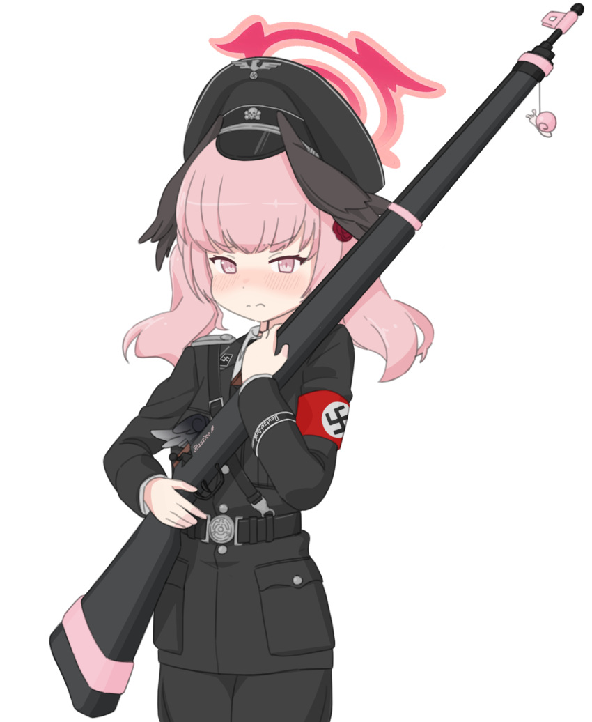 1girl alternate_costume armband black_cat03 black_headwear black_jacket black_wings blue_archive feathered_wings gun halo hat head_wings highres holding holding_gun holding_weapon jacket koharu_(blue_archive) looking_at_viewer military_uniform nazi peaked_cap pink_eyes pink_hair pink_halo red_armband rifle simple_background snail solo ss_insignia ss_uniform swastika totenkopf uniform waffen-ss weapon white_background wings