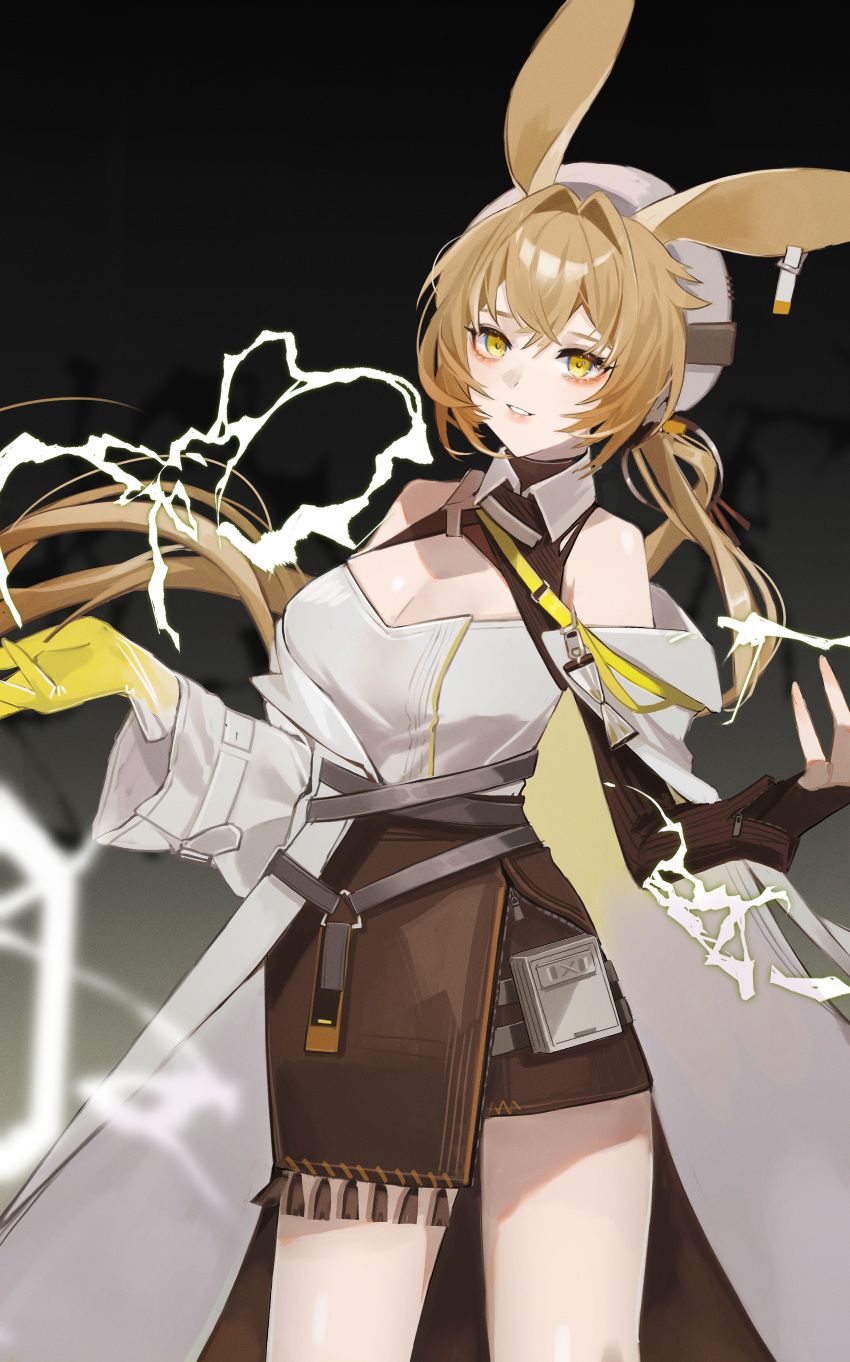 1girl absurdres animal_ears arknights asymmetrical_gloves bare_shoulders black_gloves breasts brown_hair cleavage coat crossed_bangs dorothy_(arknights) dress ear_tag gloves hair_between_eyes hat highres lightning long_hair looking_at_viewer low_ponytail mismatched_gloves mouse_ears mouse_girl rhine_lab_(arknights) simple_background solo standing teizen_(rkm8656) white_coat white_headwear yellow_eyes yellow_gloves