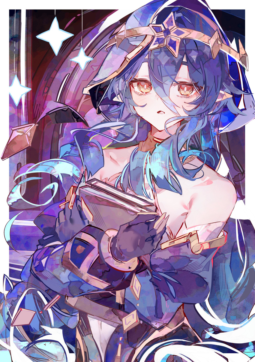 1girl absurdres bare_shoulders blue_gloves blue_hair book cocoballking commentary_request detached_sleeves genshin_impact gloves highres holding holding_book hood jewelry juliet_sleeves layla_(genshin_impact) long_hair long_sleeves neck_ring pointy_ears puffy_sleeves solo upper_body yellow_eyes