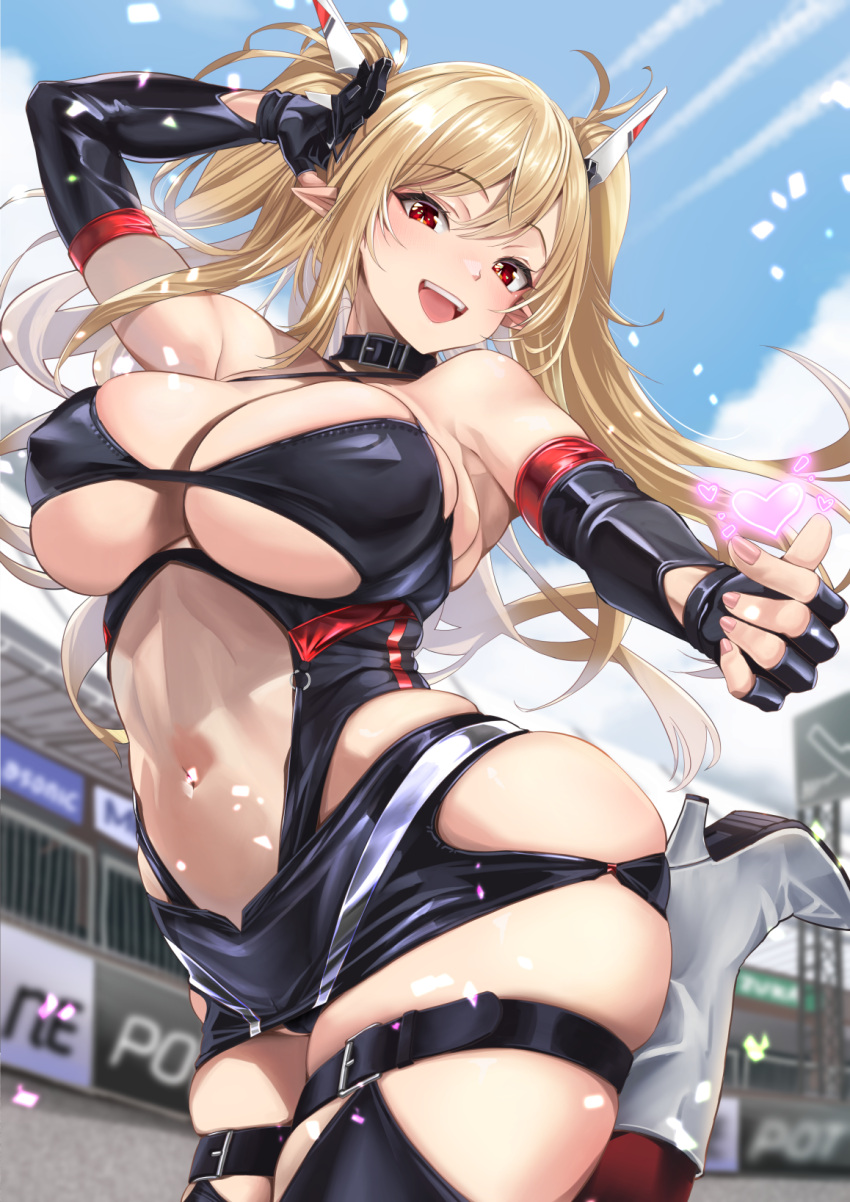 1girl ayamo_kaoru belt belt_collar bikini black_belt black_bikini black_gloves black_leotard black_skirt black_thighhighs blonde_hair blurry blurry_background breasts cleavage cloud collar commission covered_nipples elbow_gloves fingerless_gloves gloves headgear heart highres large_breasts leotard long_hair microskirt navel numako_(pizza_kanon) open_mouth original pointy_ears race_queen red_eyes skeb_commission skirt sky solo swimsuit teeth thigh_belt thigh_strap thighhighs upper_teeth_only