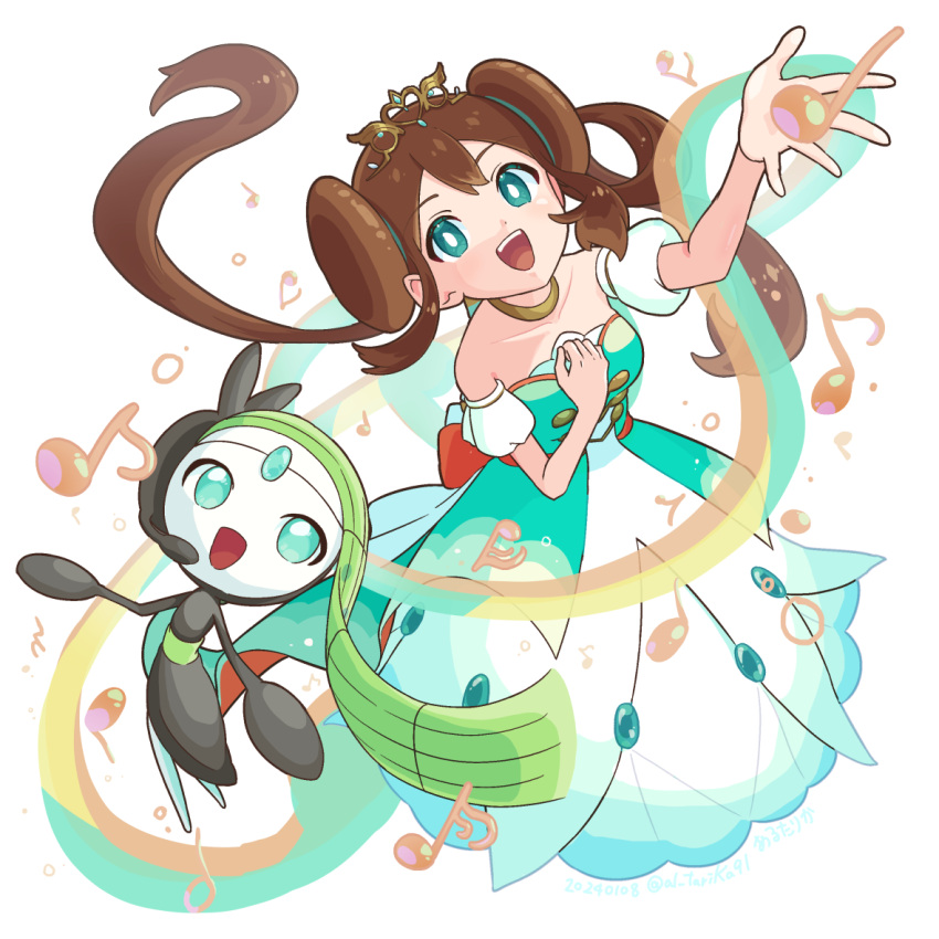 1girl :d arm_up arutarika_(ri_kaoekaki) bright_pupils brown_hair collarbone commentary_request dress floating_hair from_above green_dress green_eyes hand_up long_hair looking_at_viewer meloetta meloetta_(aria) musical_note official_alternate_costume open_mouth pokemon pokemon_(creature) pokemon_masters_ex rosa_(champion)_(pokemon) rosa_(pokemon) smile strapless strapless_dress teeth tiara twintails upper_teeth_only white_background white_pupils