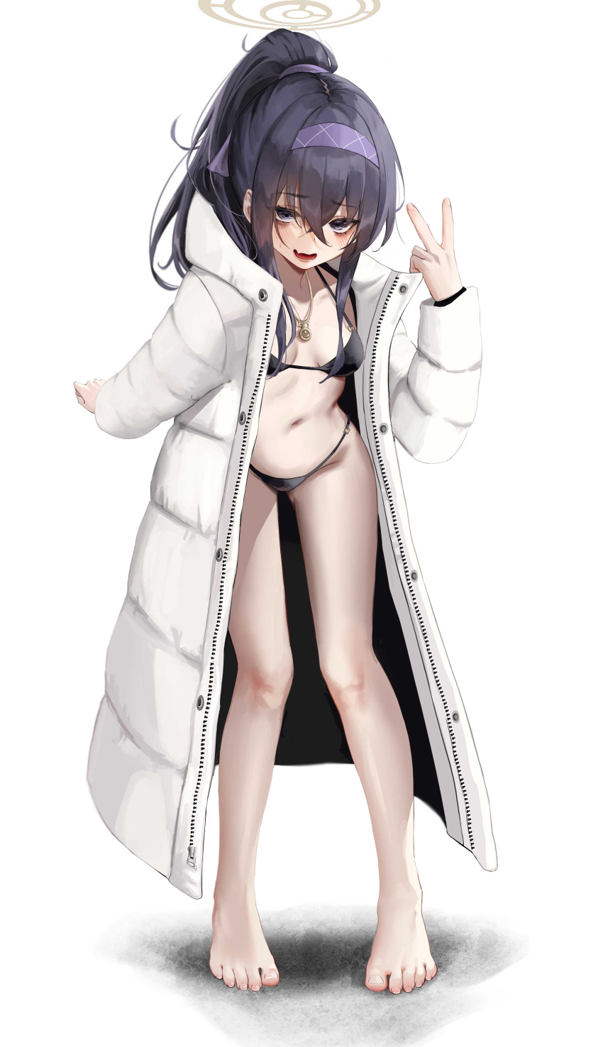 1girl absurdres barefoot bikini black_bikini black_hair blue_archive blush breasts coat groin hair_between_eyes hairband halo highres jewelry long_hair navel official_alternate_costume open_clothes open_coat open_mouth pendant ponytail purple_eyes purple_hairband sihana156 simple_background small_breasts solo swimsuit toes ui_(blue_archive) ui_(swimsuit)_(blue_archive) v white_background white_coat