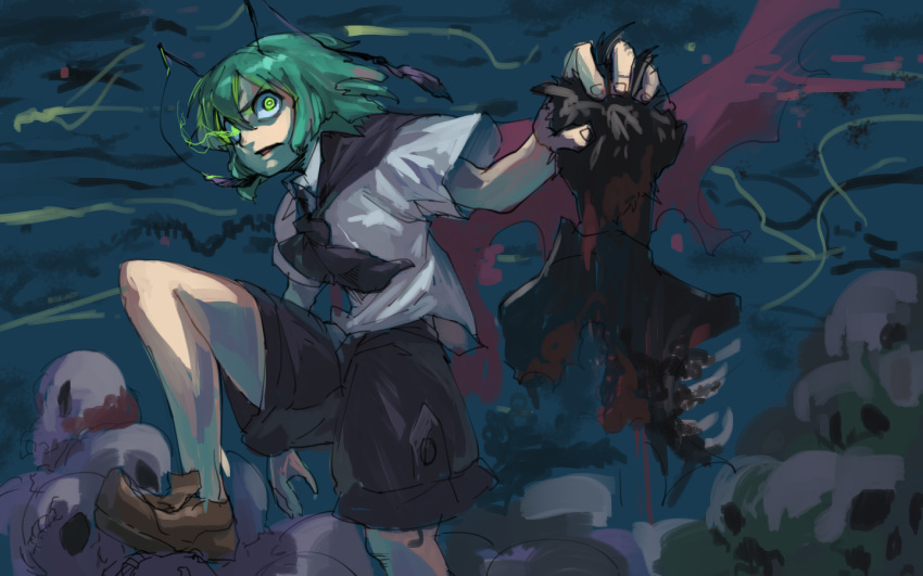 1girl amayadori-tei antennae bangs black_cape black_shorts blood brown_footwear cape collared_shirt commentary_request eye_trail foot_out_of_frame glowing glowing_eye green_eyes green_hair looking_at_viewer open_mouth pile_of_skulls red_cape shirt shoes short_hair short_sleeves shorts skull solo touhou two-sided_cape two-sided_fabric white_shirt wriggle_nightbug
