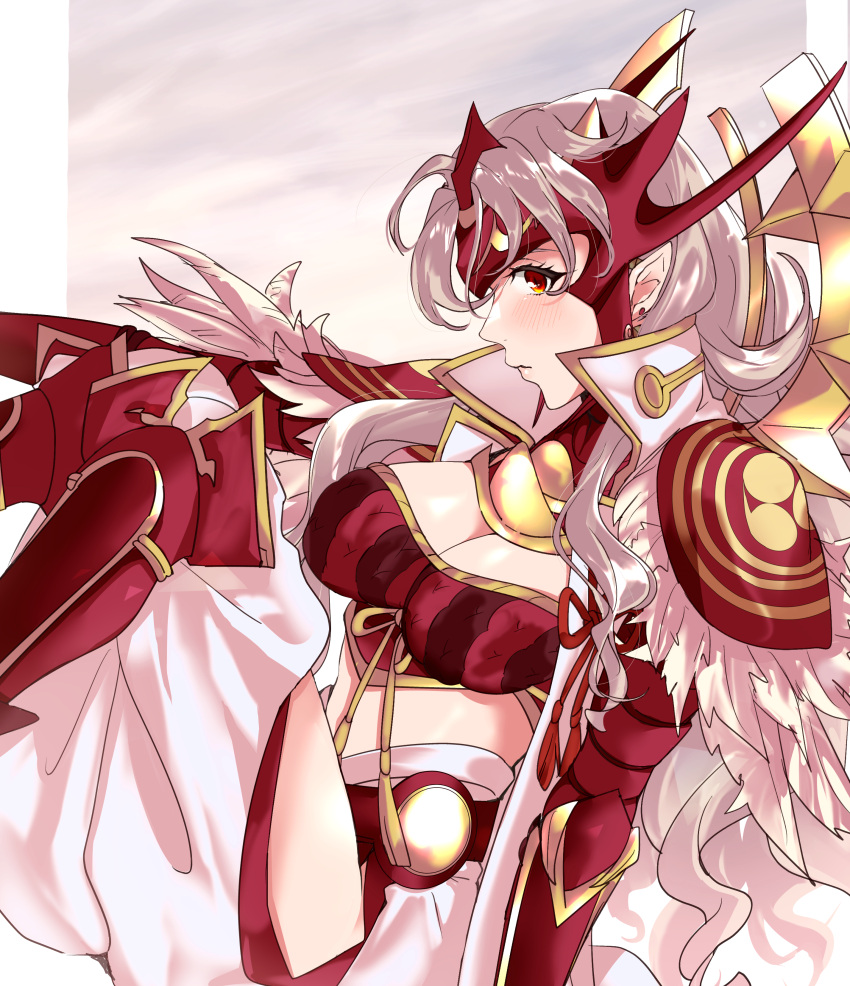 1girl absurdres adapted_costume armor armored_boots boots breasts cape cleavage cleavage_cutout clothing_cutout corrin_(female)_(fire_emblem) corrin_(fire_emblem) cosplay ear_piercing fire_emblem fire_emblem_fates grey_hair highres japanese_clothes long_hair piercing pointy_ears red_eyes ryoma_(fire_emblem) ryoma_(fire_emblem)_(cosplay) simple_background solo sou_mei