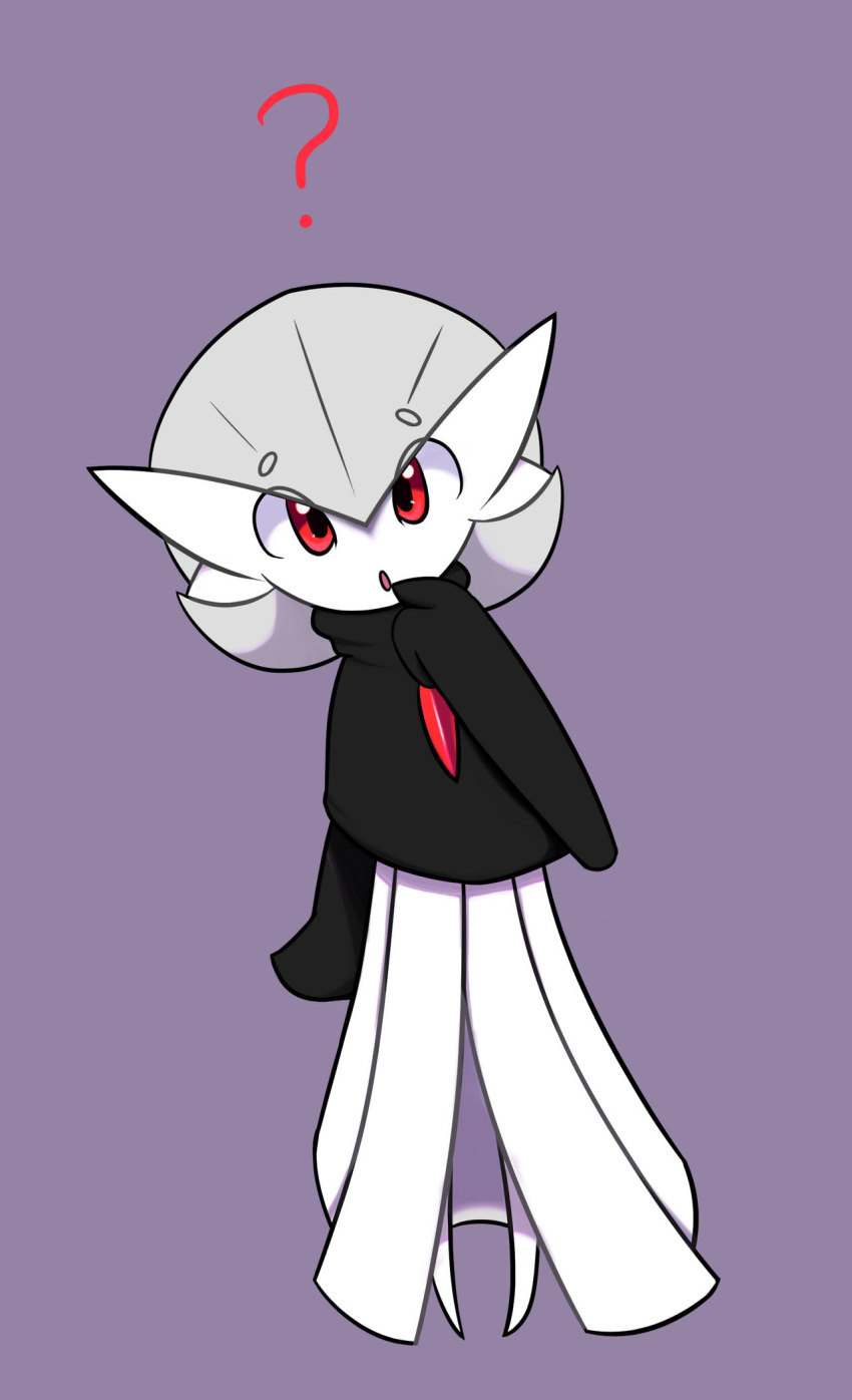 2020 3_fingers :o circle_eyebrows clothing eyebrows female finger_in_mouth fingers gardevoir grey_hair hair head_tilt hi_res humanoid kordcross looking_at_viewer nintendo not_furry open_mouth pok&eacute;mon pok&eacute;mon_(species) purple_background question_mark questioning red_eyes simple_background solo video_games