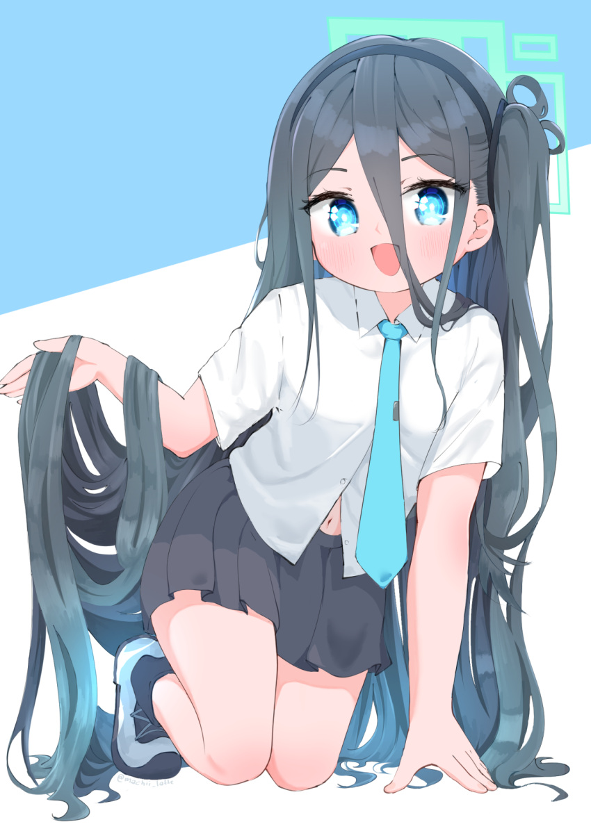 1girl :d absurdly_long_hair all_fours aqua_halo aris_(blue_archive) black_hairband black_skirt blue_archive blue_background blue_eyes blue_hair blue_necktie blush collared_shirt dark_blue_hair hair_between_eyes hairband halo hand_up highres long_hair looking_at_viewer machiaato mechanical_halo navel necktie one_side_up open_mouth pleated_skirt ringed_eyes shirt short_sleeves skirt smile solo tie_clip two-tone_background very_long_hair white_background white_footwear white_shirt