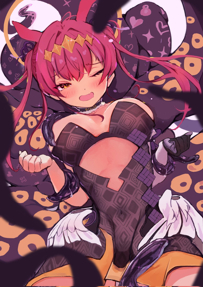 1girl animal_ears bare_shoulders black_gloves breasts choker cleavage cosplay covered_navel cutout_above_navel detached_sleeves diamond_hairband dress fur-trimmed_choker fur_trim gloves hairband heterochromia highres hololive hololive_english houshou_marine imazakey medium_breasts naughty_face ninomae_ina'nis ninomae_ina'nis_(1st_costume) ninomae_ina'nis_(cosplay) open_mouth red_eyes red_hair restrained single_detached_sleeve single_glove smile solo strapless strapless_dress tentacle_hair tentacles tube_dress twintails virtual_youtuber yellow_eyes