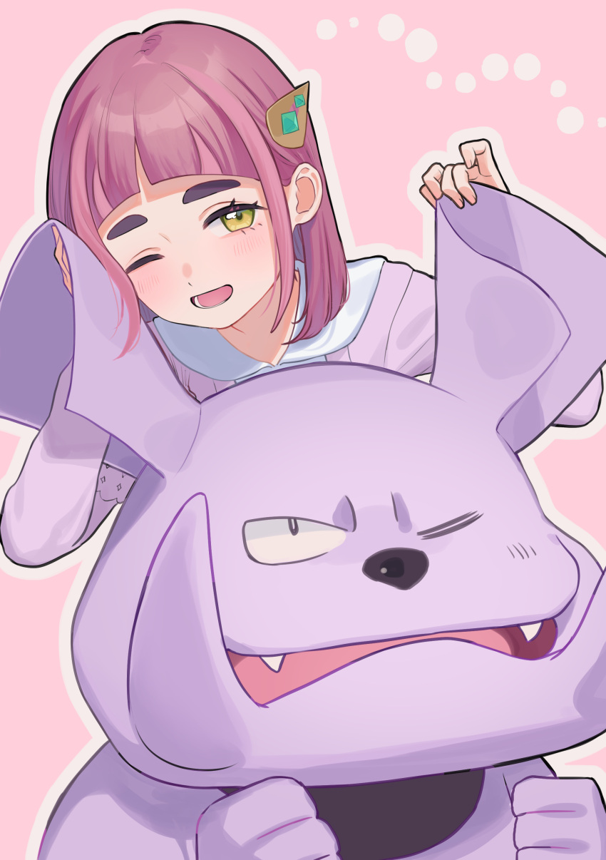 1girl absurdres arched_bangs cardigan collared_shirt commentary_request eyelashes furukawa_raku granbull hair_ornament hairclip hands_up highres lacey_(pokemon) long_hair lower_teeth_only open_mouth outline pink_background pokemon pokemon_(creature) pokemon_sv purple_cardigan purple_hair shirt teeth tongue upper_body white_shirt yellow_eyes