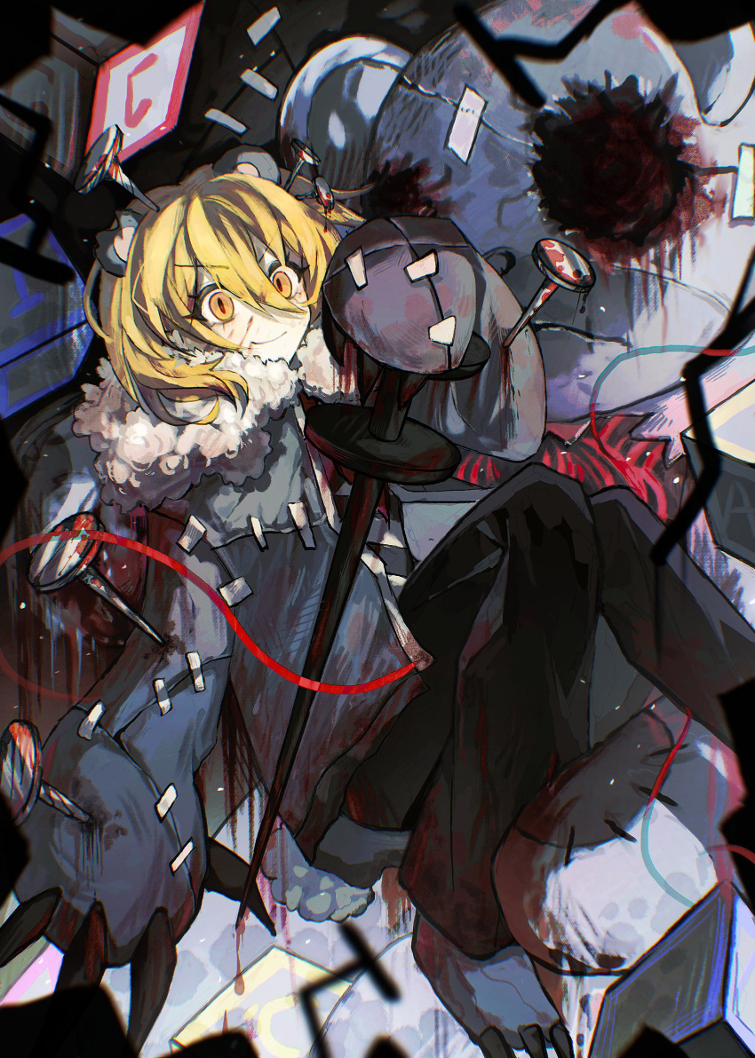 1girl absurdres animal_ears artist_request bear_ears black_pants blonde_hair blood blood_on_clothes blood_on_face blood_on_hands blood_on_weapon claws don_quixote_(project_moon) e.g.o_(project_moon) fur_collar highres hurting_teddy_bear limbus_company nail no_eyes pants patchwork_clothes project_moon solo_focus stuffed_animal stuffed_toy teddy_bear thread toy_block weapon yellow_eyes