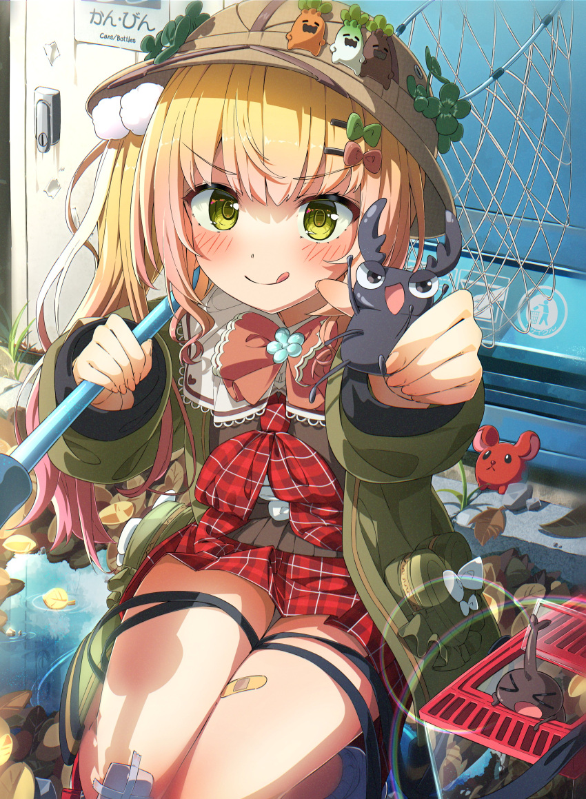 1girl absurdres ama_rei autumn_leaves bandaid bandaid_on_leg beetle blonde_hair bug butterfly_net green_eyes green_jacket hair_ornament hand_net hat hercules_beetle highres hololive jacket licking_lips momosuzu_nene nekko_(momosuzu_nene) plaid plaid_skirt pom_pom_(clothes) pom_pom_hair_ornament puddle safari_hat skirt smile stag_beetle tongue tongue_out virtual_youtuber