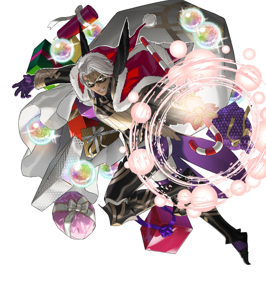 1boy attack black_mask bruno_(winter)_(fire_emblem) candy candy_cane dark-skinned_male dark_skin fire_emblem fire_emblem_heroes food gift gloves gold gold_trim grey_hair hat highres holding holding_candy holding_candy_cane holding_food holding_sack looking_at_viewer mask non-web_source official_alternate_costume official_art open_mouth orb purple_gloves sack santa_costume santa_hat smile solo teeth