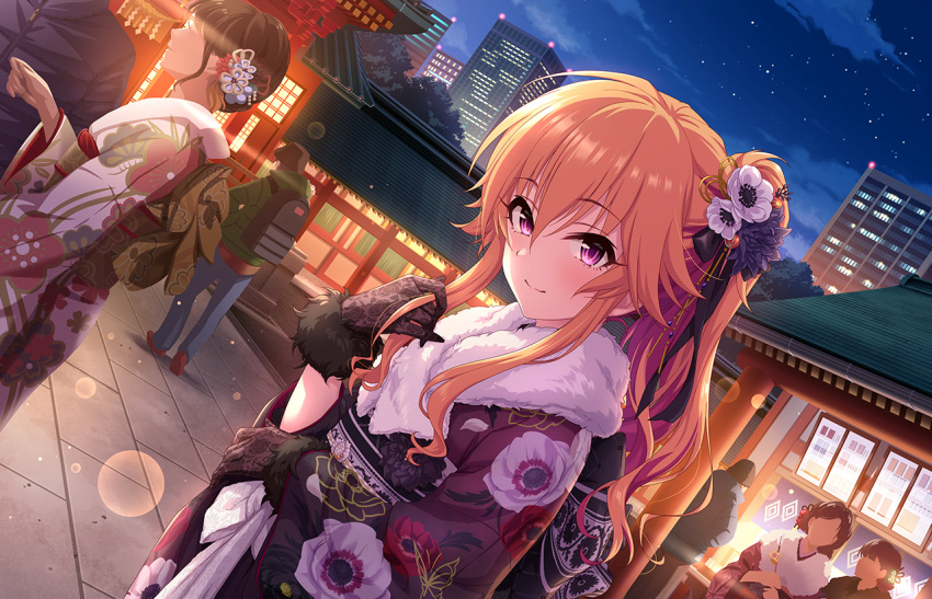 1girl blush building city closed_mouth cloud cowboy_shot eyelashes faceless faceless_female faceless_male floral_print floral_print_kimono flower fur-trimmed_gloves fur-trimmed_kimono fur_trim gloves hair_between_eyes hair_extensions hair_flower hair_ornament hair_over_shoulder idolmaster idolmaster_cinderella_girls idolmaster_cinderella_girls_starlight_stage japanese_clothes kanzashi kimono lace lace_gloves long_hair long_sleeves looking_at_viewer multicolored_hair new_year night night_sky ninomiya_asuka obi official_alternate_costume official_alternate_hair_length official_alternate_hairstyle official_art orange_hair outdoors print_kimono purple_eyes purple_hair purple_kimono sash shrine sidelocks sky skyscraper smile solo_focus standing star_(sky) streaked_hair tsurime two-tone_hair wavy_hair wide_sleeves
