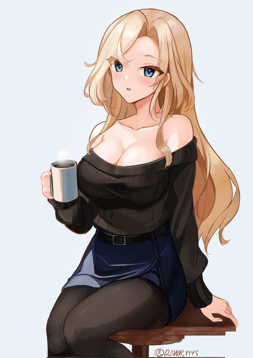 1girl bare_shoulders black_pantyhose black_sweater blonde_hair blue_eyes blue_skirt blush breasts cleavage collarbone cup dawn_1945 highres holding holding_cup hornet_(kancolle) kantai_collection large_breasts long_hair long_sleeves looking_at_viewer mug off-shoulder_sweater off_shoulder pantyhose parted_lips pencil_skirt simple_background sitting skirt solo stool sweater twitter_username