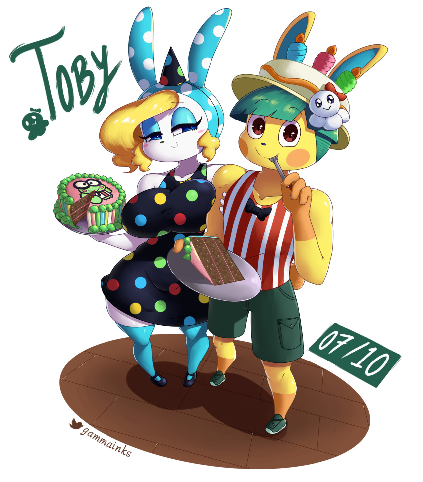 2022 absurd_res animal_crossing anthro blonde_hair blue_eyes cake clothed clothing cutlery dessert digital_media_(artwork) duo eyebrows female food footwear fork francine_(animal_crossing) gammainks green_hair hair half-closed_eyes hat headgear headwear hi_res keroppi kitchen_utensils lagomorph leporid looking_at_viewer mammal narrowed_eyes nintendo rabbit simple_background smile toby_(animal_crossing) tools video_games white_background