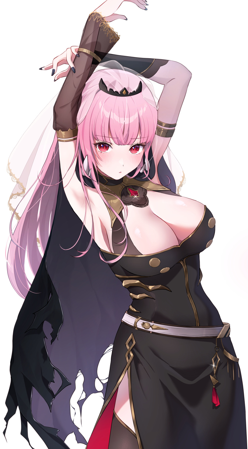 1girl absurdres armpits arms_up asymmetrical_sleeves belt black_cape black_dress black_nails black_sleeves black_thighhighs black_tiara blush breasts cape cleavage closed_mouth commentary detached_sleeves dress fingernails frown glint highres hololive hololive_english large_breasts long_fingernails long_hair looking_at_viewer maruta_(shummylass) mori_calliope mori_calliope_(1st_costume) pink_eyes pink_hair pink_lips pink_nails see-through see-through_sleeves shoulder_spikes side_slit simple_background sleeveless sleeveless_dress solo spikes thighhighs thighs torn_cape torn_clothes virtual_youtuber white_background white_belt white_veil