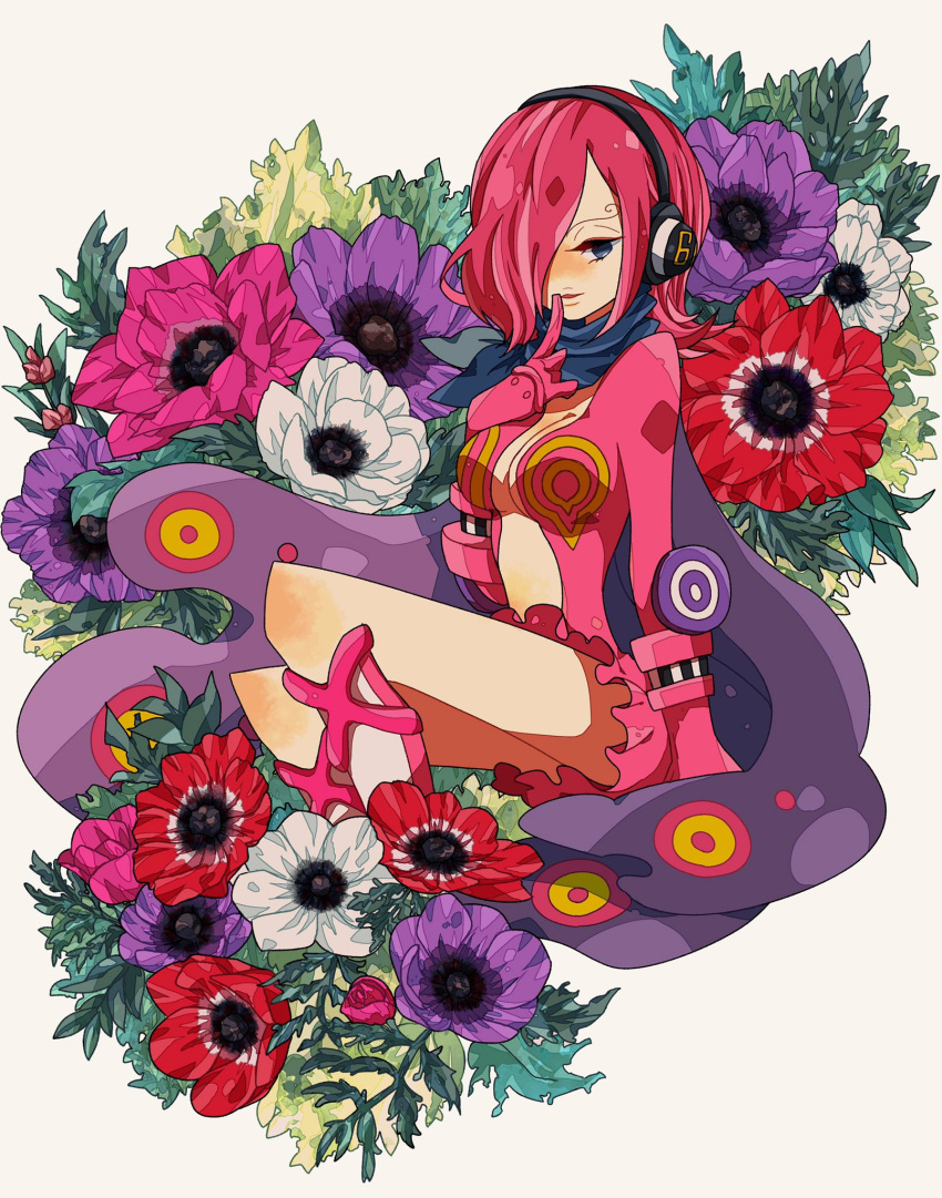 1girl blue_eyes blue_neckerchief commentary_request curly_eyebrows dress flower gloves hair_over_one_eye headphones highres invisible_chair looking_at_viewer low_neckline medium_hair neckerchief noise_pp one_piece pink_hair sitting solo vinsmoke_reiju wings