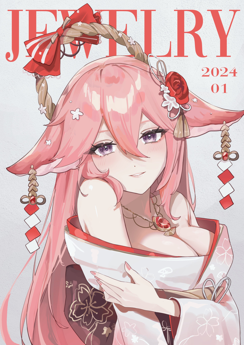 1girl absurdres alternate_costume animal_ears bare_shoulders blush bow breasts cleavage commentary_request cover earrings fake_magazine_cover flower fox_ears gem genshin_impact grey_background hair_between_eyes hair_flower hair_ornament highres japanese_clothes jewelry long_hair looking_at_viewer magazine_cover medium_breasts moti11kkk29 nail_polish necklace obi off_shoulder parted_lips pink_hair pink_nails purple_eyes red_gemstone sash smile solo upper_body very_long_hair yae_miko