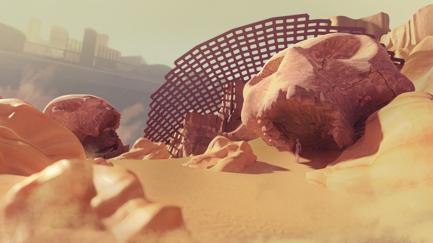 absurdres blurry cityscape commentary_request concept_art day depth_of_field desert fantasy highres no_humans original outdoors rock sand scenery tft_(tft7822)