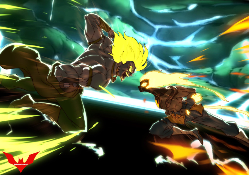 2boys amputee armband artist_logo artist_name aura bandages batmandrewart biceps blonde_hair blurry blurry_background bone broly_(dragon_ball_z) clothes_lift collar dragon_ball fang fighting fighting_stance gauntlets glowing glowing_eyes glowing_hair guro highres legend:_a_dragon_ball_tale long_hair male_focus manly mature_male multiple_boys muscular muscular_male no_shirt pants shoes skirt skirt_lift smile son_goku spiked_hair teeth thick_arms thick_eyebrows