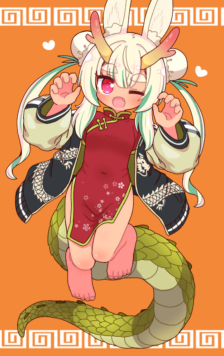 1girl ;d animal_ear_fluff animal_ears barefoot black_jacket blonde_hair blush breasts bun_cover china_dress chinese_clothes chinese_zodiac claw_pose commentary_request covered_navel dark_skin double_bun dragon_girl dragon_horns dragon_tail dress fang full_body green_hair hair_between_eyes hair_bun hands_up heart heart-shaped_pupils highres horns jacket long_sleeves looking_at_viewer masurao_(sekaiju) masurao_2_(sekaiju) multicolored_hair naga_u one_eye_closed open_clothes open_jacket orange_background puffy_long_sleeves puffy_sleeves purple_eyes rabbit_ears rabbit_girl red_dress sekaiju_no_meikyuu sekaiju_no_meikyuu_5 short_eyebrows simple_background small_breasts smile solo streaked_hair symbol-shaped_pupils tail thick_eyebrows toenails toes twintails year_of_the_dragon