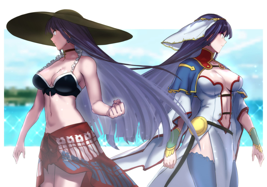 2girls aoba_(smartbeat) bangs bare_shoulders belt bikini black_bikini black_headwear blue_eyes blue_thighhighs breasts capelet center_opening choker circlet cleavage collarbone cross cross_choker dual_persona fate/grand_order fate_(series) hair_ribbon hat highres large_breasts long_hair martha_(fate) martha_(swimsuit_ruler)_(fate) multiple_girls navel pelvic_curtain purple_hair ribbon sarong sun_hat swimsuit thighhighs thighs veil white_capelet