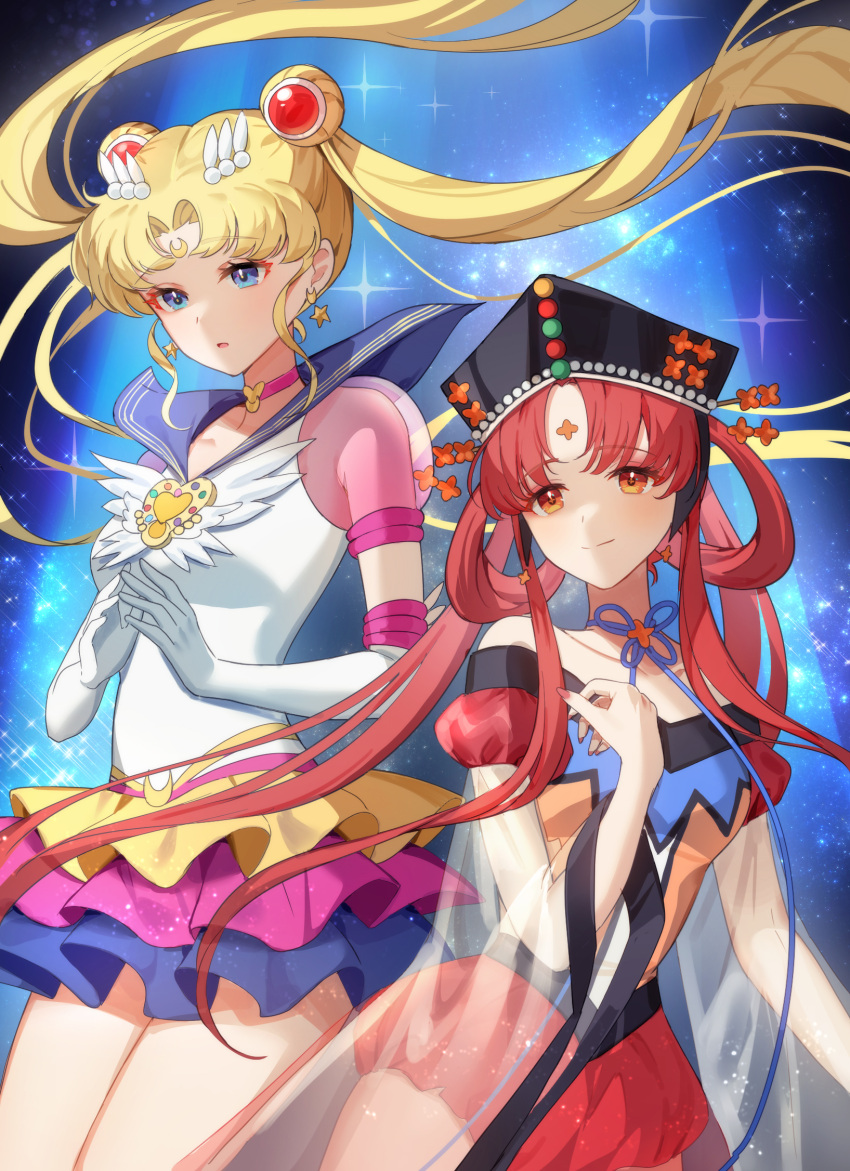 2girls bare_shoulders bishoujo_senshi_sailor_moon black_headwear blonde_hair blue_background blue_ribbon blue_sailor_collar blue_skirt brooch chibi_vanille choker closed_mouth collarbone cowboy_shot crescent crescent_facial_mark dot_nose double_bun earrings elbow_gloves eternal_sailor_moon facial_mark forehead_mark gloves hair_bun hair_ornament hair_rings hat heart heart_brooch heart_choker highres jewelry layered_skirt long_hair looking_to_the_side magical_girl multiple_girls neck_ribbon own_hands_together parted_lips pink_choker pink_skirt pleated_skirt princess_kakyuu puffy_sleeves red_eyes red_hair red_shorts ribbon sailor_collar sailor_moon sailor_senshi_uniform see-through see-through_sleeves short_shorts shorts skirt smile sparkle_background tsukino_usagi twintails white_gloves yellow_skirt