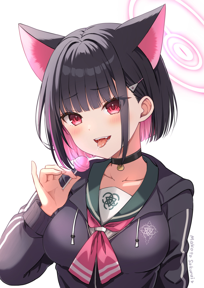 1girl animal_ears black_choker black_hair black_hoodie blue_archive blush candy cat_ears choker colored_inner_hair commentary_request food halo highres holding holding_candy holding_food holding_lollipop hood hoodie kazusa_(blue_archive) lollipop looking_at_viewer multicolored_hair neckerchief open_mouth pink_hair pink_halo pink_neckerchief red_eyes sakurai_makoto_(custom_size) short_hair solo teeth tongue tongue_out upper_teeth_only