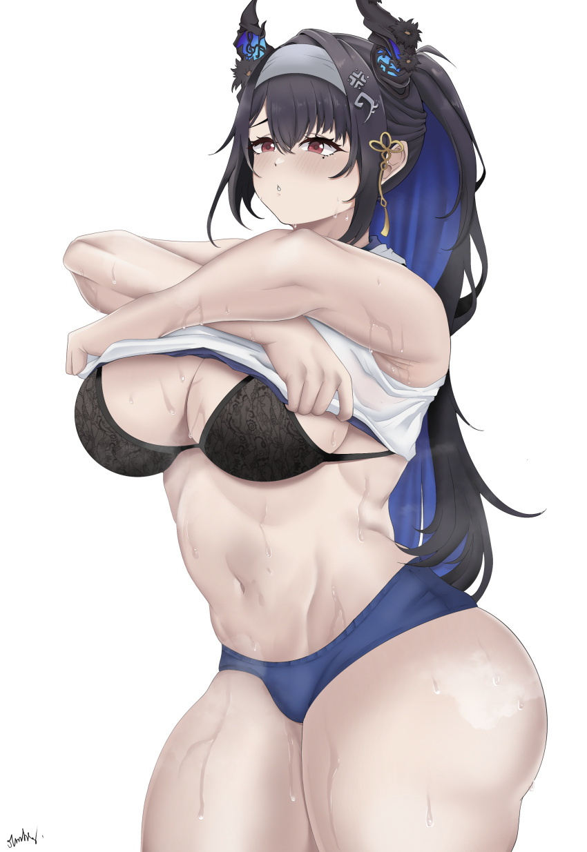 1girl absurdres asymmetrical_horns black_bra black_hair blue_hair blush bra breasts buruma cleavage clothes_lift colored_inner_hair crystal_horn demon_horns english_commentary eyelashes gym_uniform hair_ornament highres hololive hololive_english horns huge_breasts lifted_by_self long_hair mole mole_under_eye multicolored_hair navel nerissa_ravencroft parted_lips plump red_eyes shirt shirt_lift signature simple_background solo split-color_hair steam steaming_body stomach sweat tassel tassel_hair_ornament thanaphondeech1 thick_thighs thighs two-tone_hair underwear uneven_horns virtual_youtuber white_background white_shirt