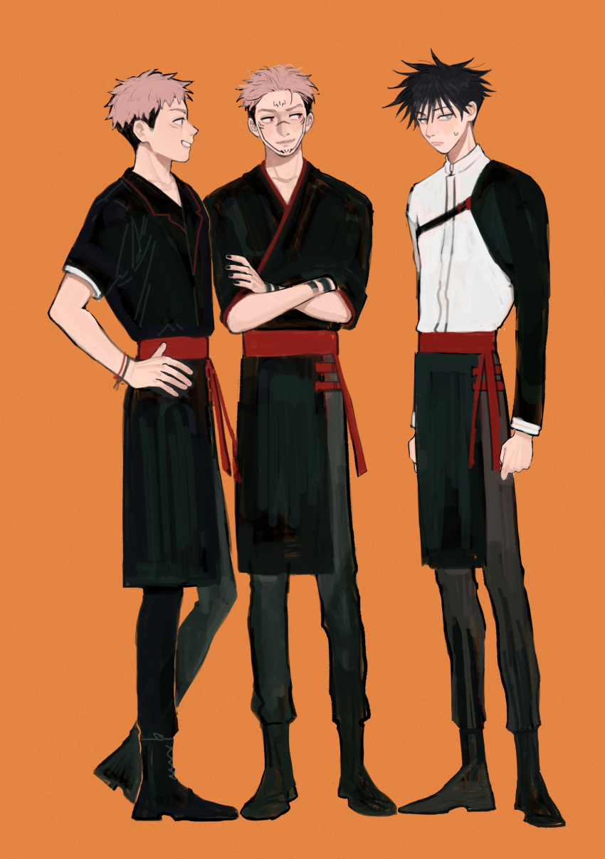 3boys absurdres arm_tattoo bangs black_footwear black_hair black_nails black_pants boots clenched_hands closed_mouth crossed_arms facial_mark facial_tattoo full_body fushiguro_megumi grin hair_between_eyes hand_on_hip highres itadori_yuuji jujutsu_kaisen li_chestnuts long_sleeves looking_at_another looking_at_viewer male_focus multiple_boys nagatekkou orange_background pants pink_hair red_eyes ryoumen_sukuna_(jujutsu_kaisen) shirt short_hair simple_background skirt smile spiked_hair standing sweatdrop tattoo undercut white_shirt