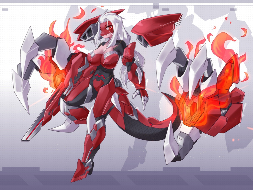 armor atgyu chenny_(chaliefb) female fire gun hair lizard long_hair ponytail ranged_weapon red_body red_eyes reptile scalie solo weapon white_hair