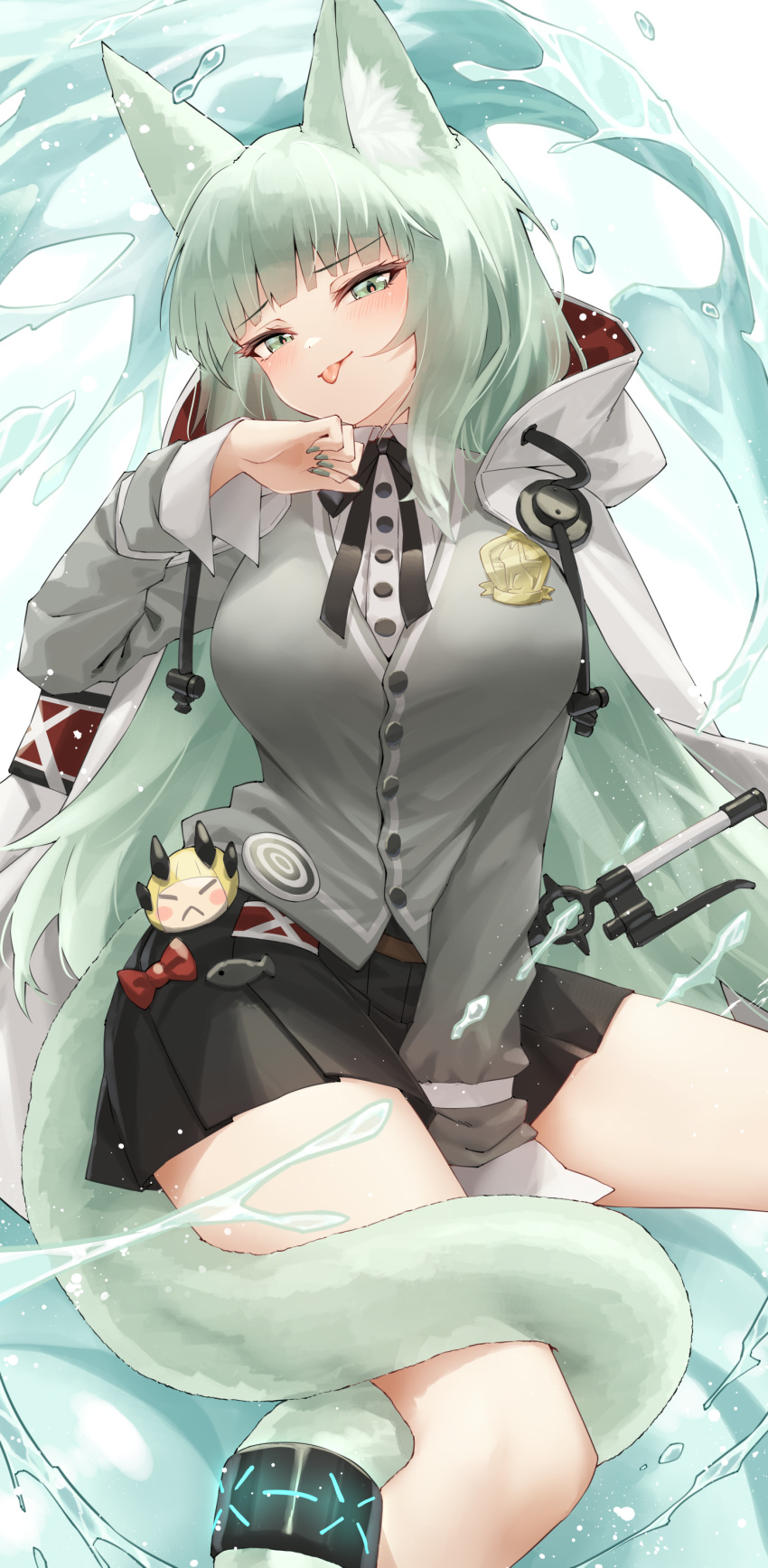 1girl absurdres animal_ear_fluff animal_ears arknights armband badge between_legs black_skirt blush cardigan cat_ears cat_girl cat_tail commentary_request feet_out_of_frame fingernails green_cardigan green_eyes green_hair green_nails hand_between_legs harmonie_(arknights) highres infection_monitor_(arknights) jacket jacket_on_shoulders long_hair long_sleeves looking_at_viewer n4gare_b0shi nail_polish narrowed_eyes neck_ribbon partial_commentary pleated_skirt red_armband ribbon sharp_fingernails shirt sitting skirt solo tail tongue tongue_out very_long_hair white_jacket white_shirt