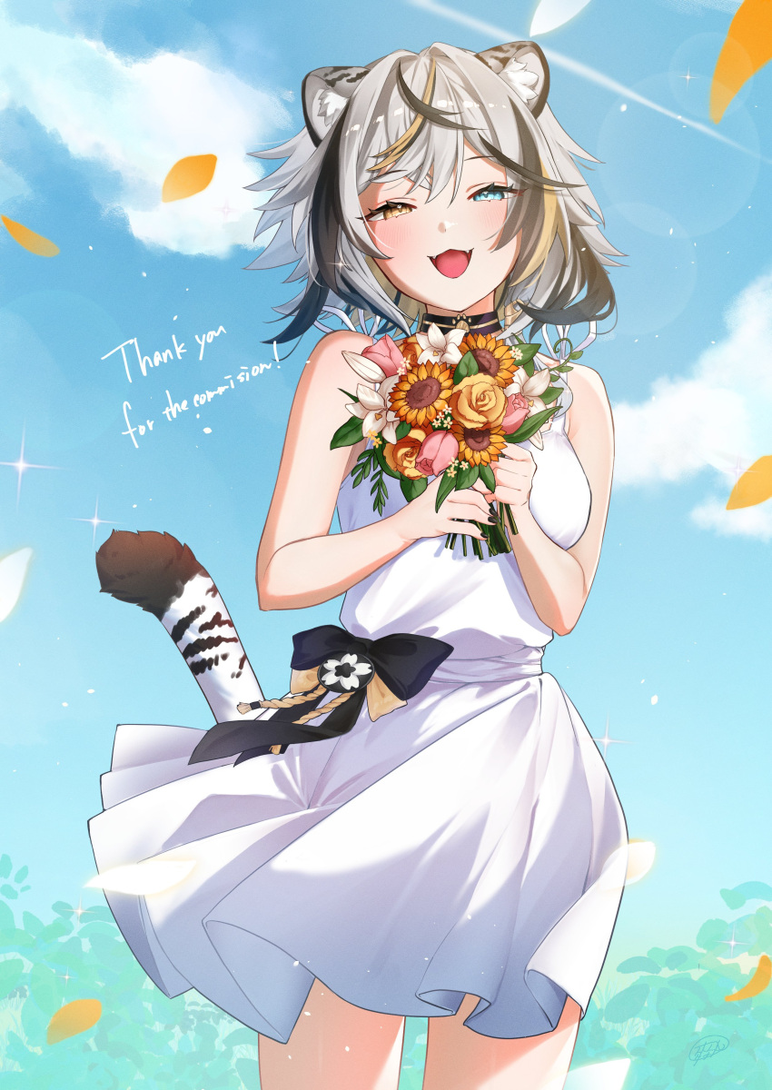 absurdres animal_ears black_hair blonde_hair blue_eyes blue_sky bouquet bow choker commission dress erika_byakko fangs flower heterochromia highres holding holding_bouquet leaf multicolored_hair open_mouth sawamaru_0528 short_hair skeb_commission sky smile tail tiger_ears tiger_tail two-tone_hair vreverie waist_bow white_dress white_hair yellow_eyes