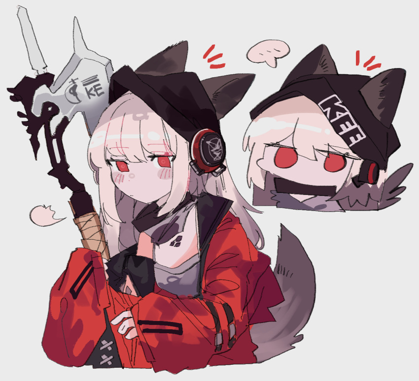 ... 1girl animal_ears arknights beanie black_headwear chibi chibi_inset clothes_writing ears_through_headwear fox_ears fox_girl fox_tail frostleaf_(arknights) grey_hair grey_shirt halberd hat headphones holding holding_polearm holding_weapon implied_extra_ears jacket long_hair long_sleeves odmised oripathy_lesion_(arknights) polearm red_eyes red_jacket shirt solo spoken_ellipsis tail weapon