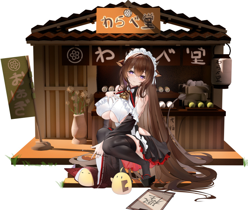1girl absurdres animal_ears azur_lane bare_shoulders bell black_skirt breasts brown_hair clothing_cutout cow_ears cow_girl cow_horns cow_tail cowbell frills hand_on_own_chest highres horns huge_breasts kashino_(azur_lane) kashino_(maid_for_mayhem)_(azur_lane) layered_skirt long_hair looking_at_viewer maid_headdress manjuu_(azur_lane) multicolored_clothes multicolored_skirt official_alternate_costume platform_footwear purple_eyes red_skirt ren_(2993) skirt solo tail underboob underboob_cutout vase very_long_hair