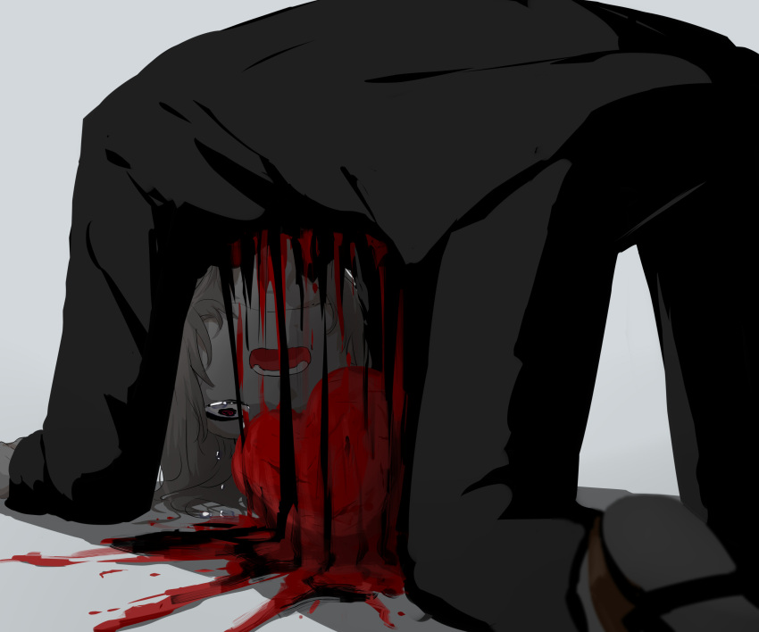 absurdres all_fours avogado6 bleeding blood business_suit crying crying_with_eyes_open foreshortening guro heart_(organ) heart_out_of_chest heavy_breathing highres loafers muted_color open_mouth original salaryman shoes short_hair simple_background suit symbolism tears white_background