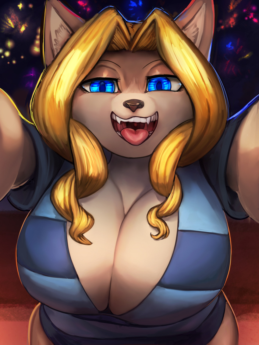 absurd_res anthro big_breasts blonde_hair blue_eyes breasts cheese_quesadilla cleavage clothed clothing digital_media_(artwork) felid female general-irrelevant grabbing_viewer hair hi_res looking_at_viewer mammal pattern_clothing smile solo striped_clothing stripes