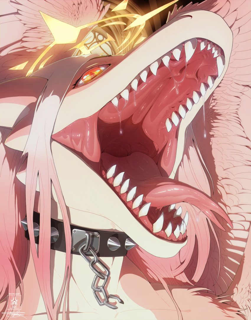 absurd_res anthro bodily_fluids cel_shading choker deity dragon feathered_wings feathers female fur glistening glowing hair halo hi_res hybrid jewelry kobold metal mouth_shot multi_wing necklace open_mouth orange_eyes pink_body pink_fur pink_hair rivets saliva saliva_string seregore shaded solo teeth_showing temple tongue tongue_out wings