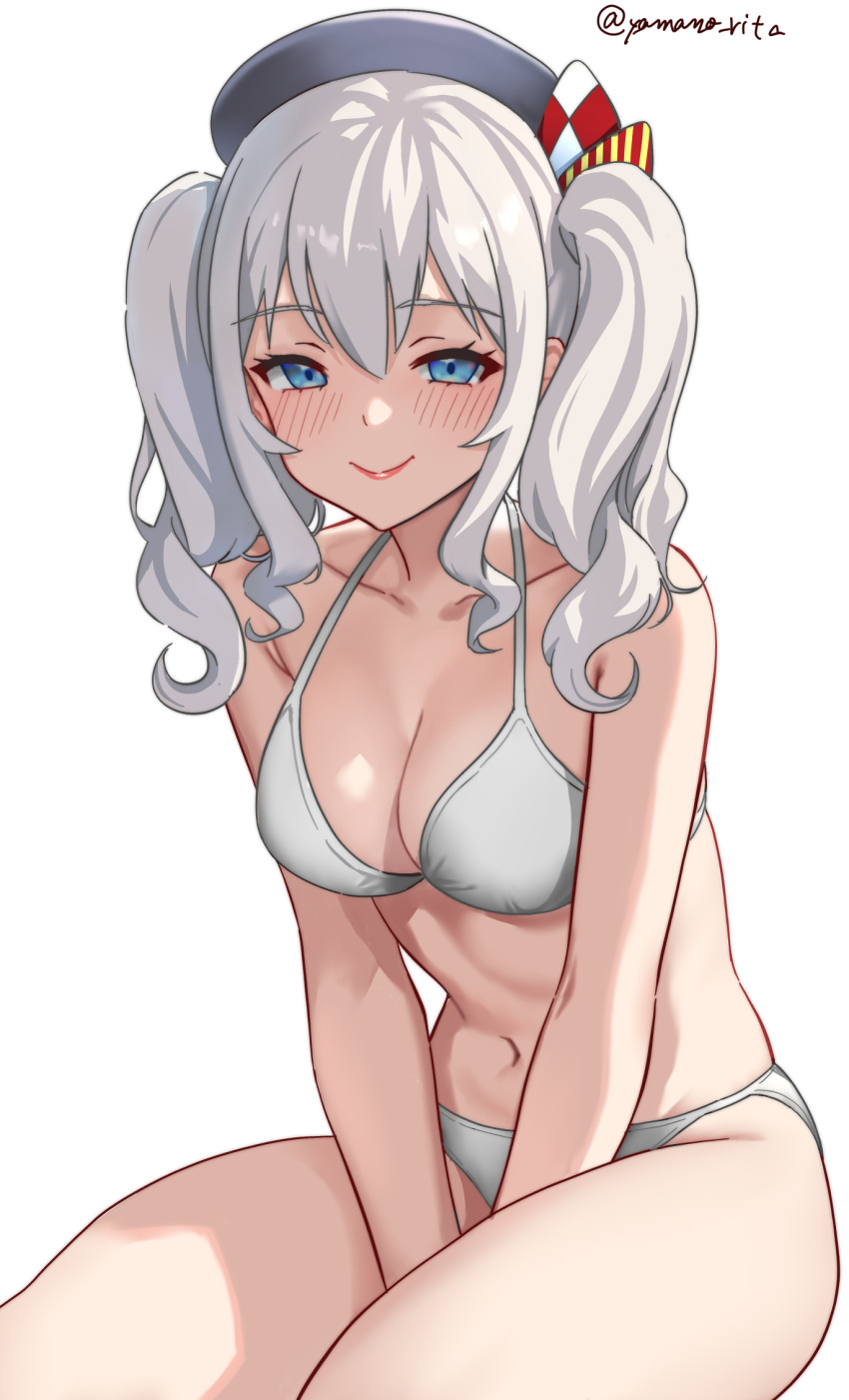 1girl bikini blue_eyes breasts closed_mouth collarbone grey_bikini grey_hair hair_between_eyes hat highres kantai_collection kashima_(kancolle) light_blush long_hair looking_at_viewer medium_breasts navel one-hour_drawing_challenge sidelocks simple_background sitting smile solo swimsuit thick_thighs thighs twintails twitter_username white_background yamano_rita