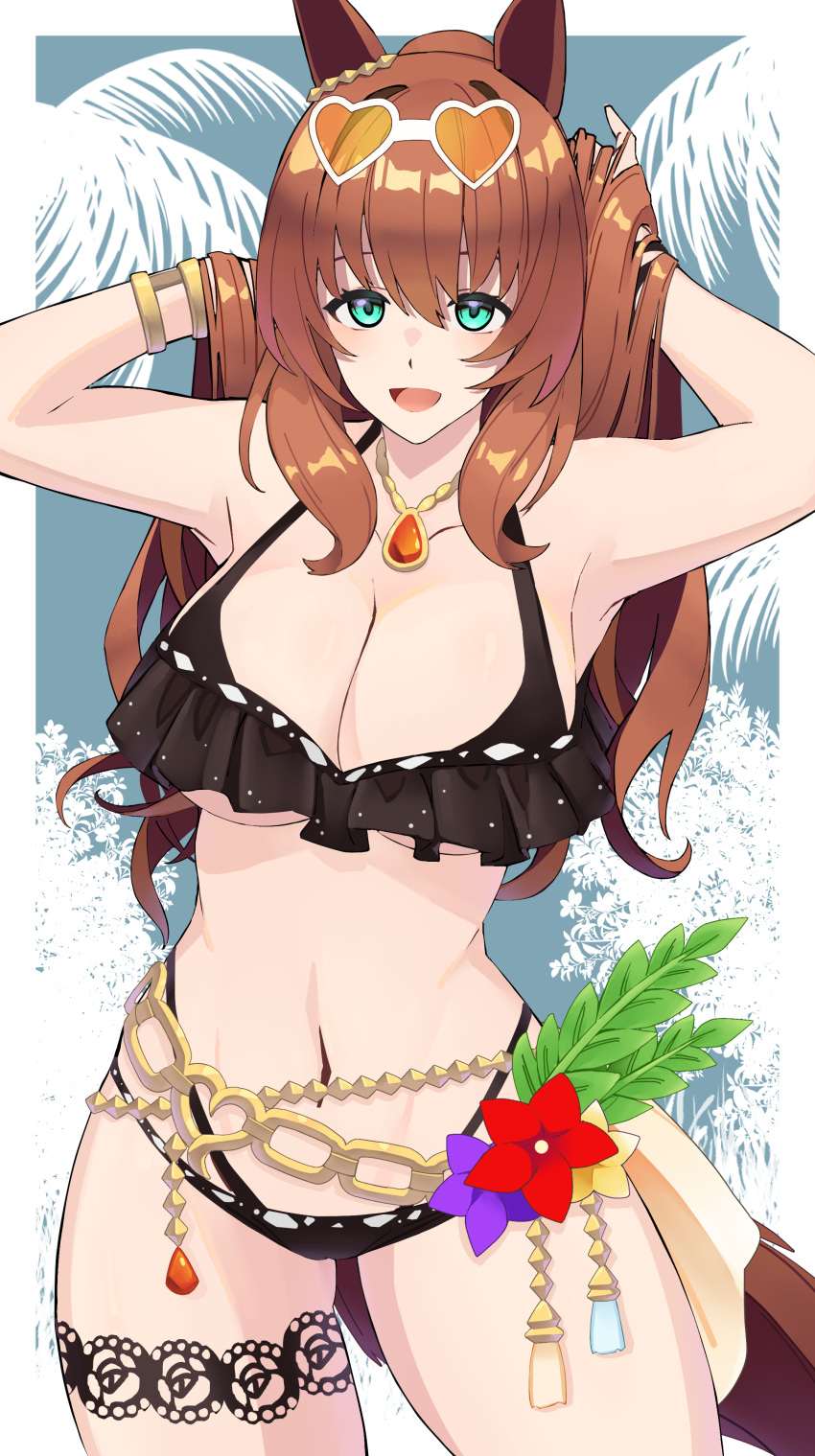 1girl absurdres animal_ears aqua_eyes armpits bikini black_bikini blue_background border bracelet breasts chain cleavage collarbone commentary_request contrapposto cowboy_shot ear_ornament frilled_bikini frills highres horse_ears horse_girl horse_tail jewelry large_breasts maruzensky_(blasting_off_summer_night)_(umamusume) maruzensky_(umamusume) navel necklace official_alternate_costume open_mouth reibun_(raven1119) smile solo swimsuit tail thigh_strap two-tone_background umamusume underboob white_background white_border