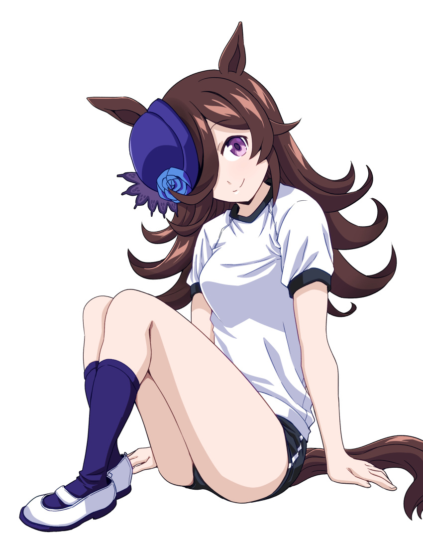 1girl absurdres animal_ears black_buruma blue_flower blue_headwear blue_rose blue_socks brown_hair buruma closed_mouth commentary flower gym_shirt gym_uniform hair_over_one_eye hat hat_flower highres horse_ears horse_girl horse_tail knees_up legs long_hair looking_at_viewer ponzu_rui purple_eyes rice_shower_(umamusume) rose shirt shoes short_sleeves simple_background single_vertical_stripe sitting smile socks solo t-shirt tail tilted_headwear tracen_training_uniform umamusume uwabaki white_background white_footwear white_shirt