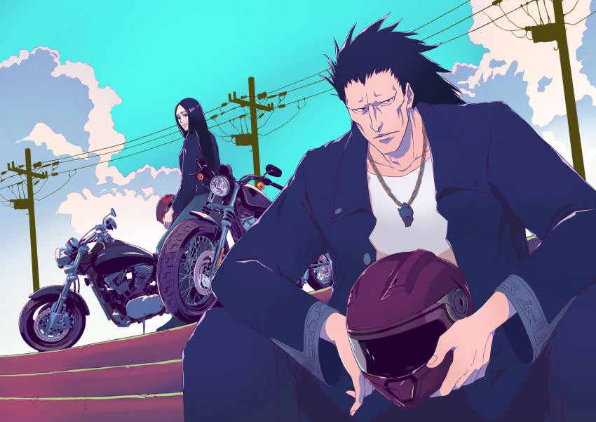 1boy 1girl anno_im black_pants bleach blue_sky cloud commentary_request helmet highres jacket jewelry long_hair looking_at_viewer looking_to_the_side motor_vehicle motorcycle motorcycle_helmet necklace pants shirt sitting sky stairs unohana_retsu white_shirt zaraki_kenpachi