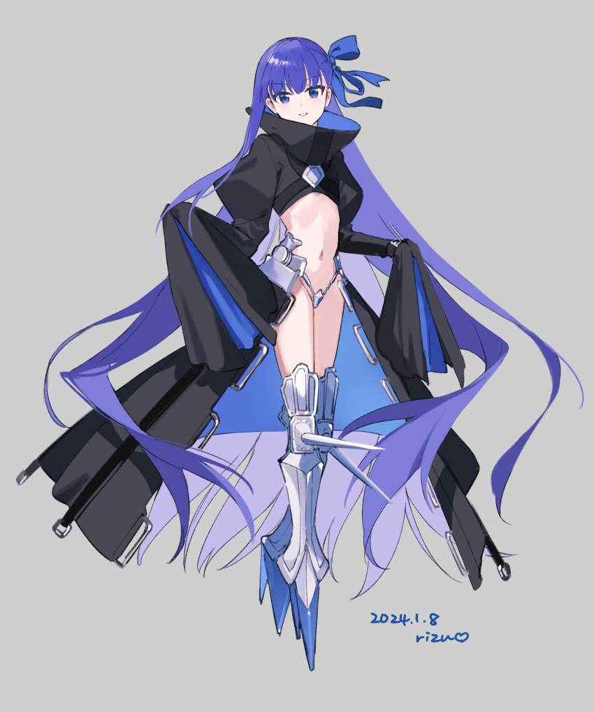 1girl armored_boots black_jacket blue_eyes blue_ribbon blush boots breasts cropped_jacket crotch_plate fate/extra fate/extra_ccc fate_(series) full_body hair_ribbon highres jacket long_hair long_sleeves looking_at_viewer meltryllis_(fate) navel prosthesis prosthetic_leg purple_hair ribbon rizu033 sleeves_past_fingers sleeves_past_wrists small_breasts solo very_long_hair