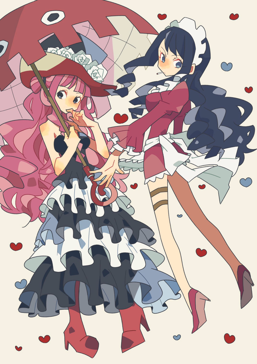 2girls apron baby_5 black_eyes blue_eyes blunt_bangs boots cigarette commentary dress drill_hair flower frilled_dress frills hat heart high_heels highres holding holding_umbrella long_dress long_hair looking_to_the_side maid maid_headdress multiple_girls noise_pp one_piece perona pink_hair rose short_dress sidelocks top_hat umbrella white_apron white_flower white_rose