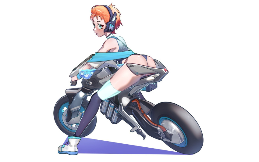 1girl ankle_boots ass battery black_thighhighs boots commentary commission english_commentary full_body headset highleg highleg_leotard highres indie_virtual_youtuber kabooks leotard motor_vehicle motorcycle on_motorcycle orange_hair patatatan plus_sign print_leotard science_fiction second-party_source see-through see-through_sleeves short_hair solo strap thighhighs thighhighs_under_thighhighs thong_leotard tongue tongue_out virtual_youtuber white_background white_footwear white_thighhighs wireless