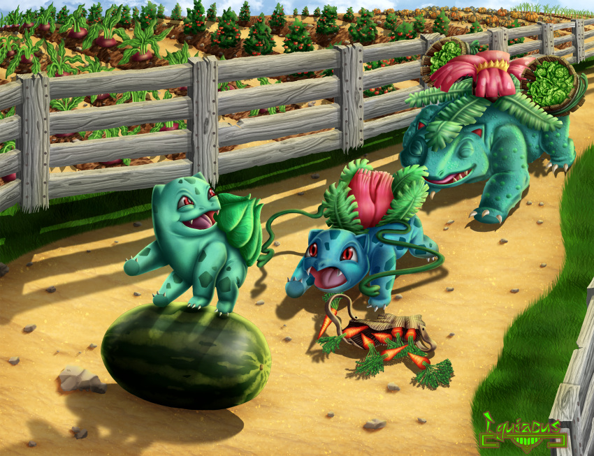 absurd_res ambiguous_gender bulbasaur carrot evolutionary_family fence feral field food fruit generation_1_pokemon group happy hi_res iguiacus ivysaur lettuce melon nintendo outside plant pokemon pokemon_(species) red_eyes road running size_difference spanish_description tongue trio vegetable venusaur vine_whip watermelon