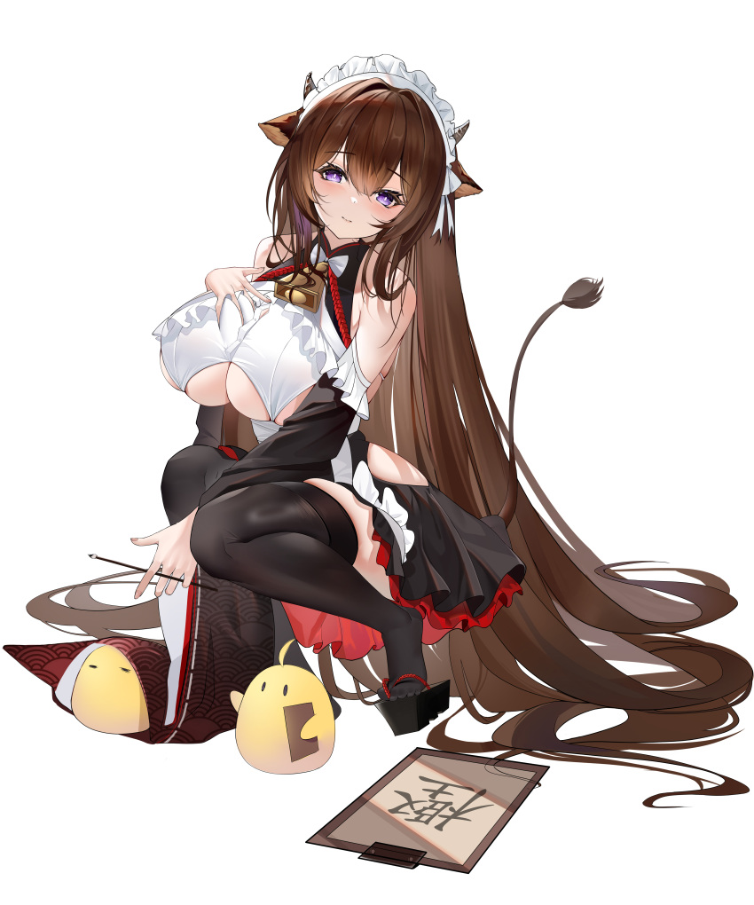 1girl absurdres animal_ears azur_lane bare_shoulders bell black_skirt breasts brown_hair clothing_cutout cow_ears cow_girl cow_horns cow_tail cowbell frills hand_on_own_chest highres horns huge_breasts kashino_(azur_lane) kashino_(maid_for_mayhem)_(azur_lane) layered_skirt long_hair looking_at_viewer maid_headdress manjuu_(azur_lane) multicolored_clothes multicolored_skirt official_alternate_costume platform_footwear purple_eyes red_skirt ren_(2993) skirt solo tail underboob underboob_cutout very_long_hair