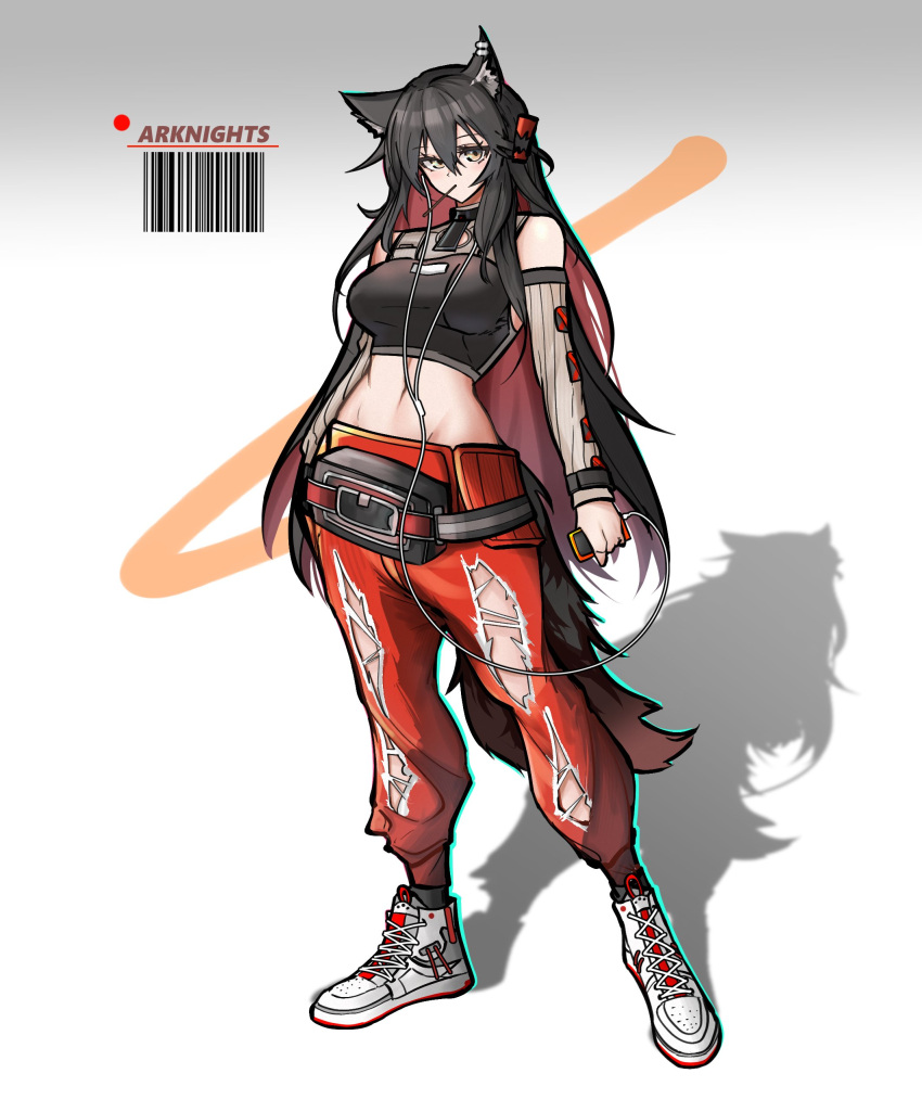 1girl absurdres alternate_costume animal_ear_piercing animal_ears arknights barcode bare_shoulders black_hair black_shirt breasts copyright_name cropped_shirt detached_sleeves digital_media_player earbuds earphones food food_in_mouth full_body gradient_background grey_background grey_sleeves groin highres holding_digital_media_player implied_extra_ears long_hair looking_at_viewer medium_breasts midriff mouth_hold pants pocky pouch red_hair red_pants ribbed_sleeves shadow shirt shoes simple_background sneakers solo standing tail texas_(arknights) torn_clothes torn_pants very_long_hair white_footwear wolf_ears wolf_girl wolf_tail yellow_eyes yosua_0669
