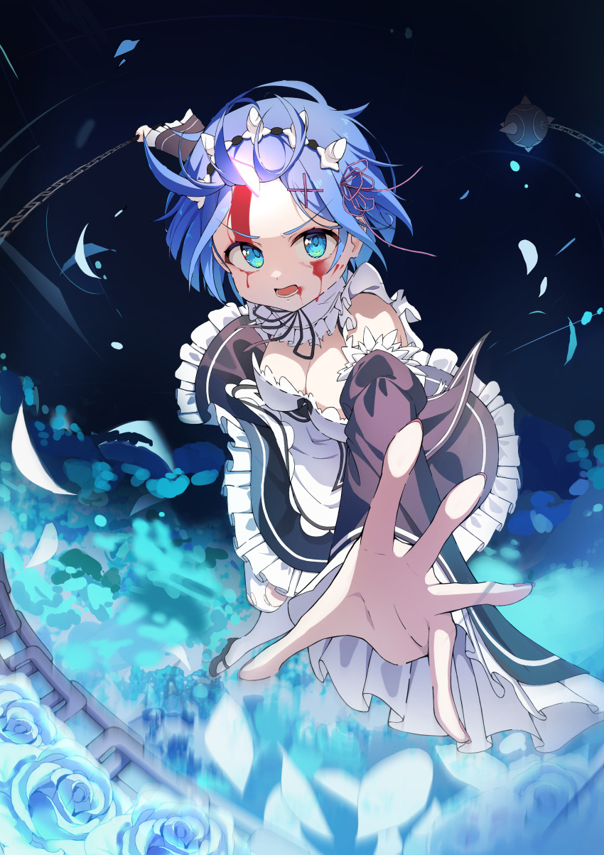 1girl absurdres alpha_beast ball_and_chain_(weapon) blood blood_from_eyes blood_from_mouth blood_on_face blue_eyes blue_flower blue_hair blue_petals breasts chain cleavage commentary_request detached_sleeves falling_petals floating_hair flower frilled_sleeves frills hair_ornament hair_ribbon highres holding holding_weapon looking_at_viewer lower_teeth_only maid maid_headdress medium_breasts night open_mouth outdoors petals pink_ribbon re:zero_kara_hajimeru_isekai_seikatsu reaching reaching_towards_viewer rem_(re:zero) ribbon ribbon-trimmed_clothes ribbon_trim roswaal_mansion_maid_uniform short_hair solo spiked_ball_and_chain teeth weapon wide_sleeves x_hair_ornament